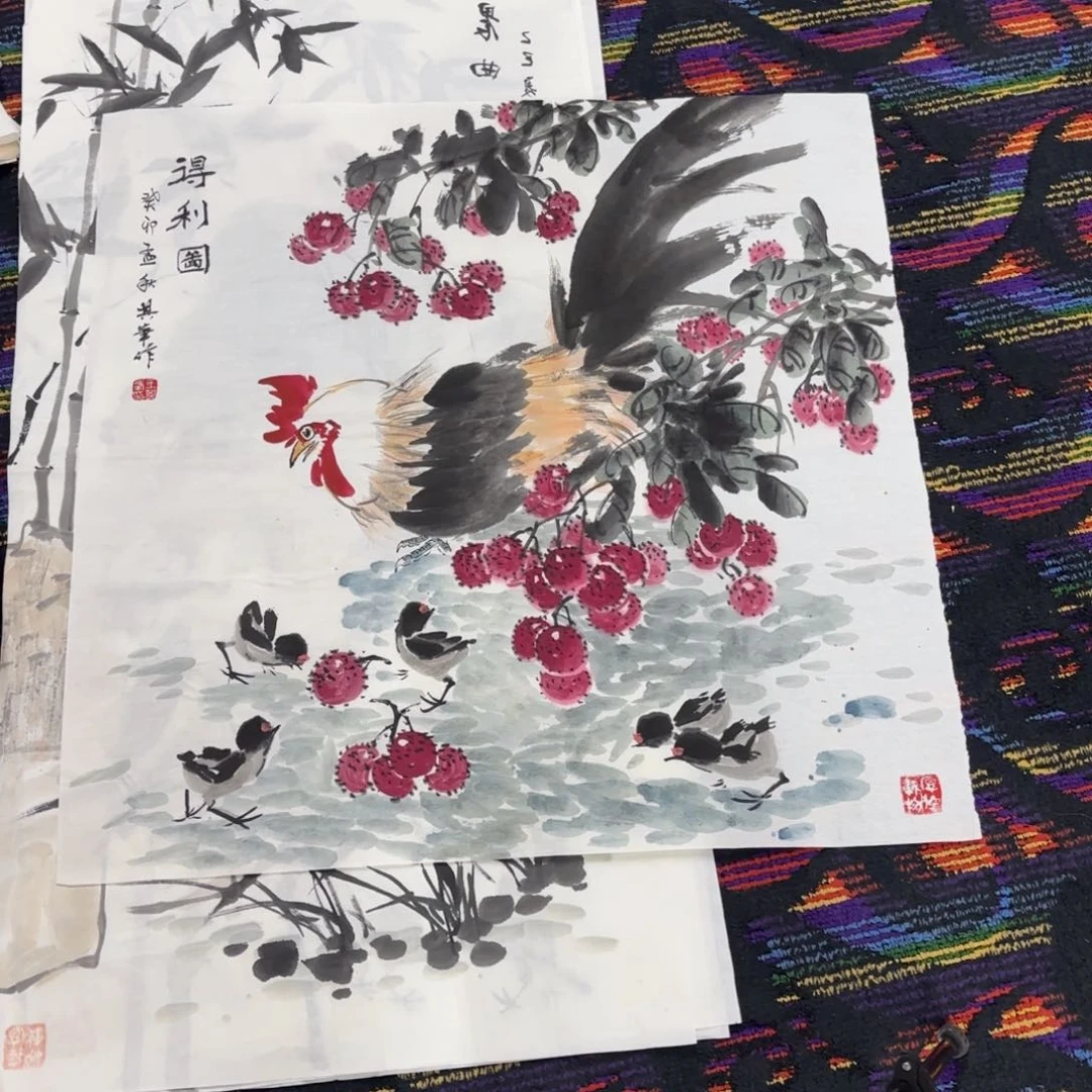 国画斗方花鸟作品童