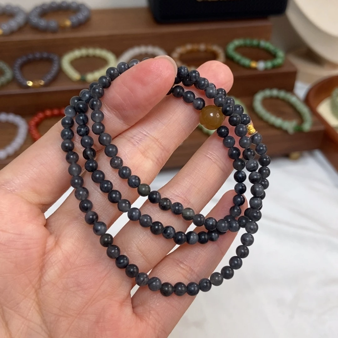 和田玉18K金镶嵌手链4mm青花三圈