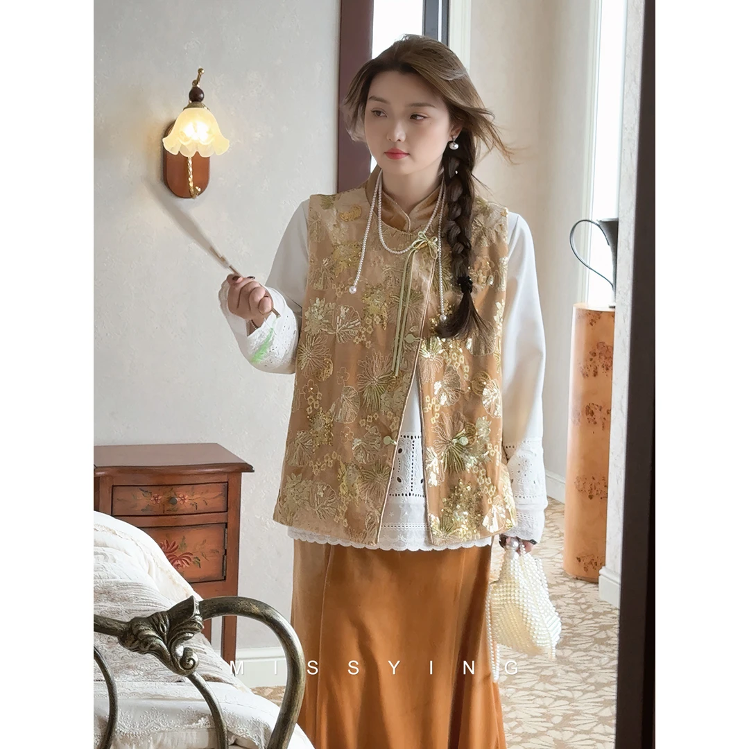 应小姐【金庭露】微胖大码秋款显瘦宽松设计新中式马甲+半裙套装