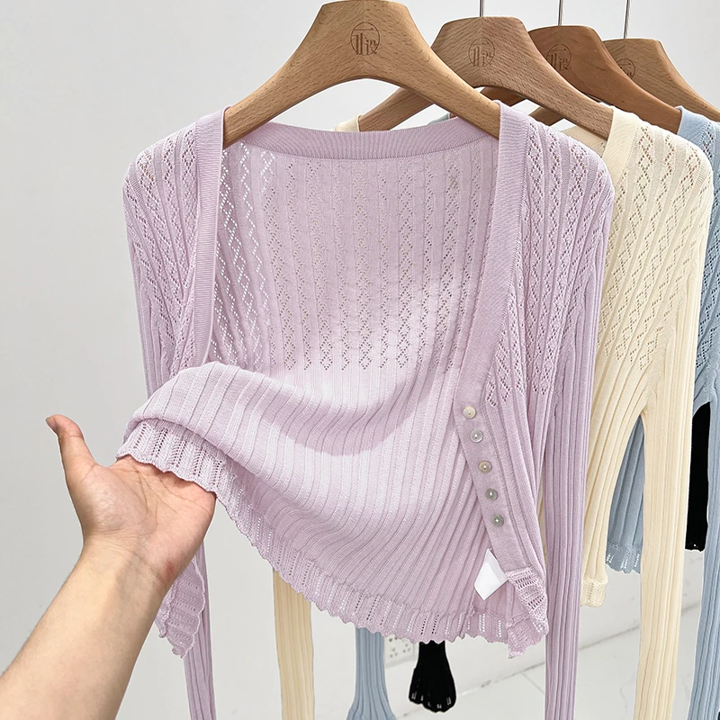 紫色设计感配裙子单排扣针织开衫夏季新款V领防晒长袖外披上衣女