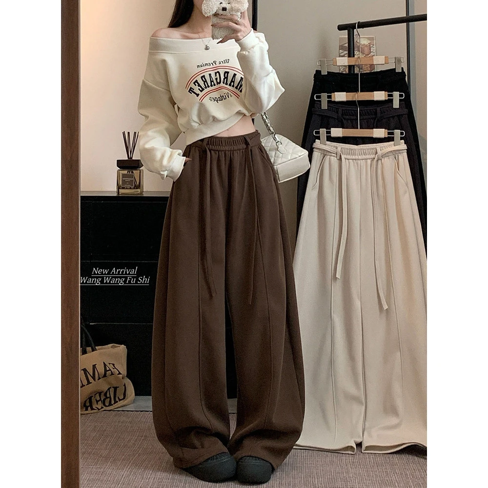 加绒弯刀阔腿裤女秋冬季2025新款慵懒风高腰宽松直筒加厚休闲裤子