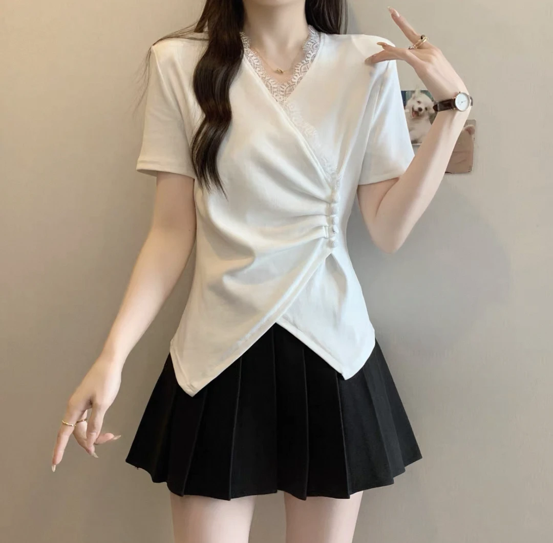【李姑娘专属】006设计感蕾丝边不规则褶皱短袖