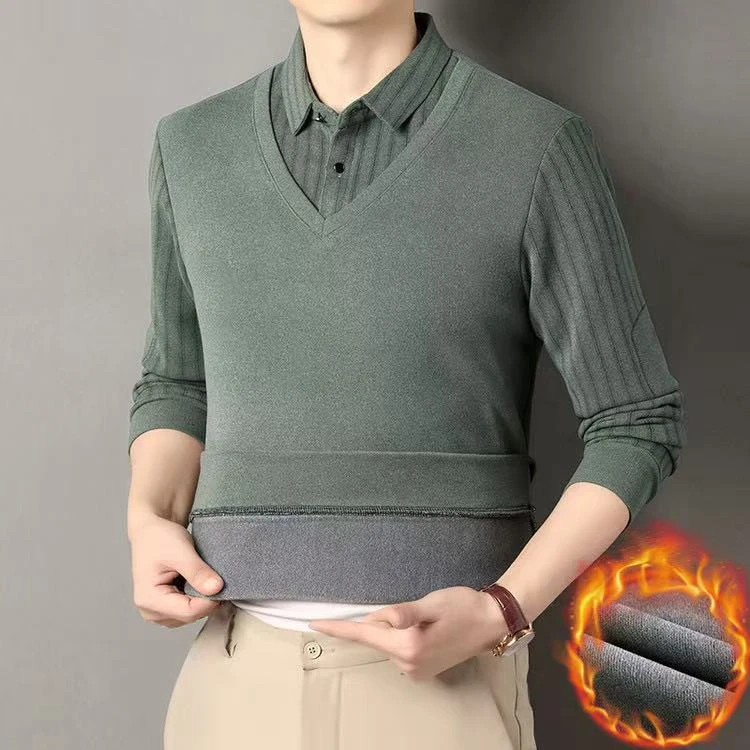 【绵羊毛+桑蚕丝】男装休闲中老年加绒加厚假两件秋冬季