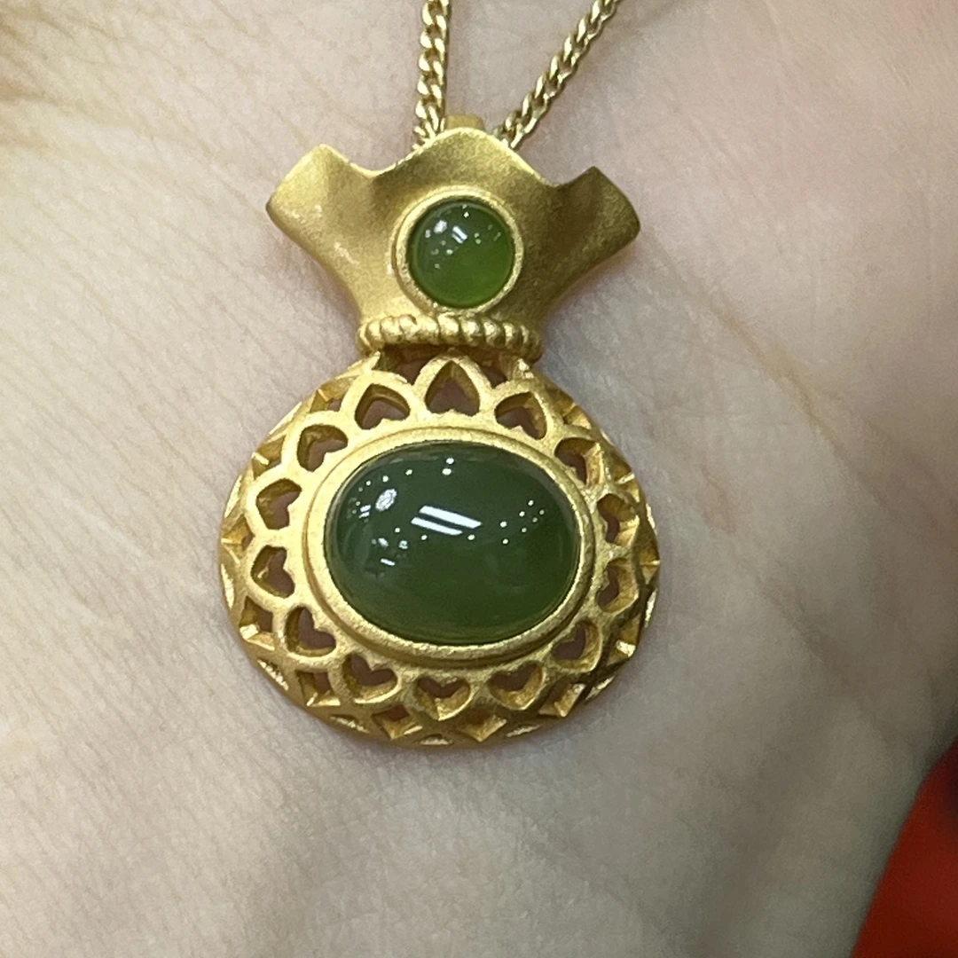 纯天然俄料碧玉和田玉福袋吊坠s925厚银镶