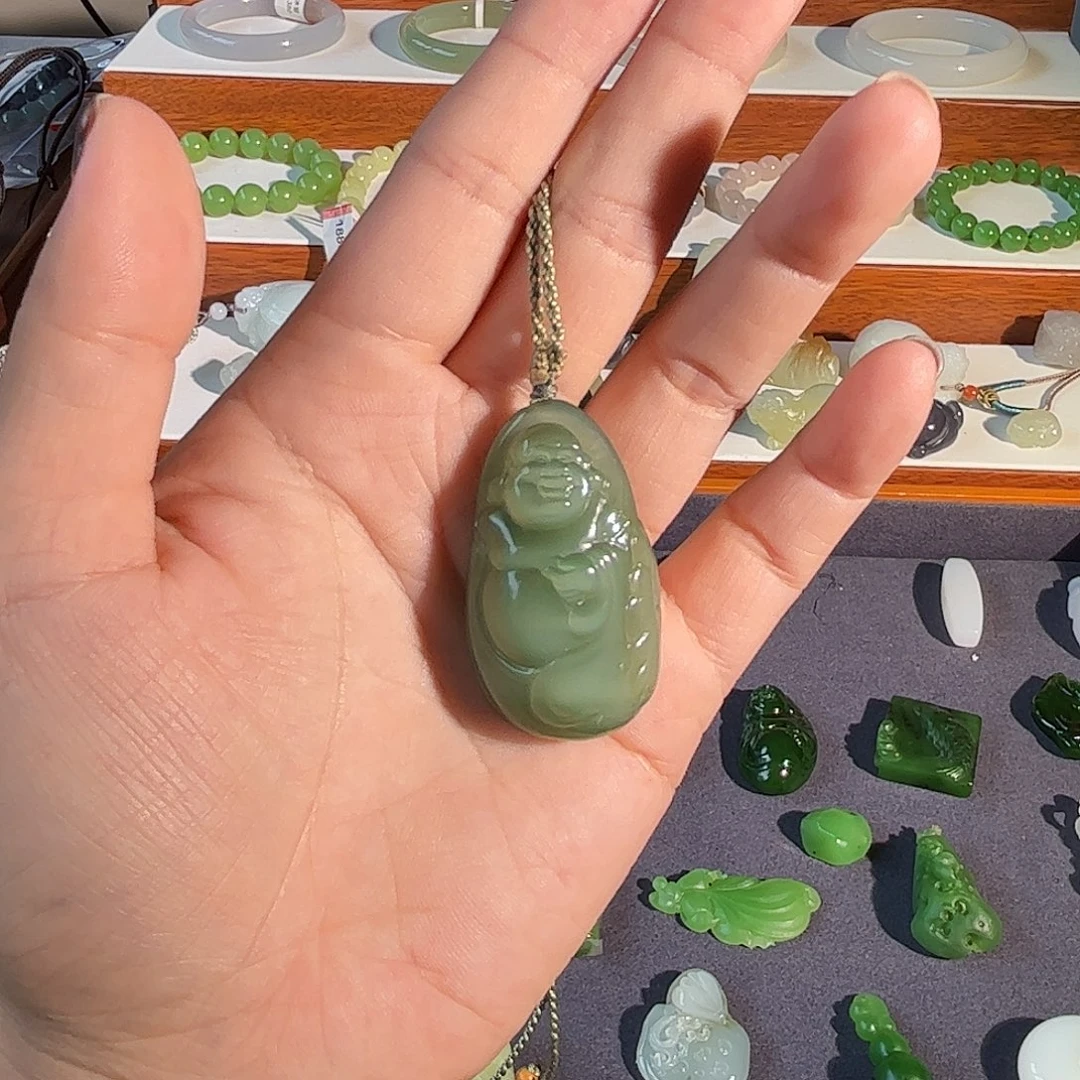 和田玉未镶嵌吊坠(不含链)碧玉粉绿猫眼佛公