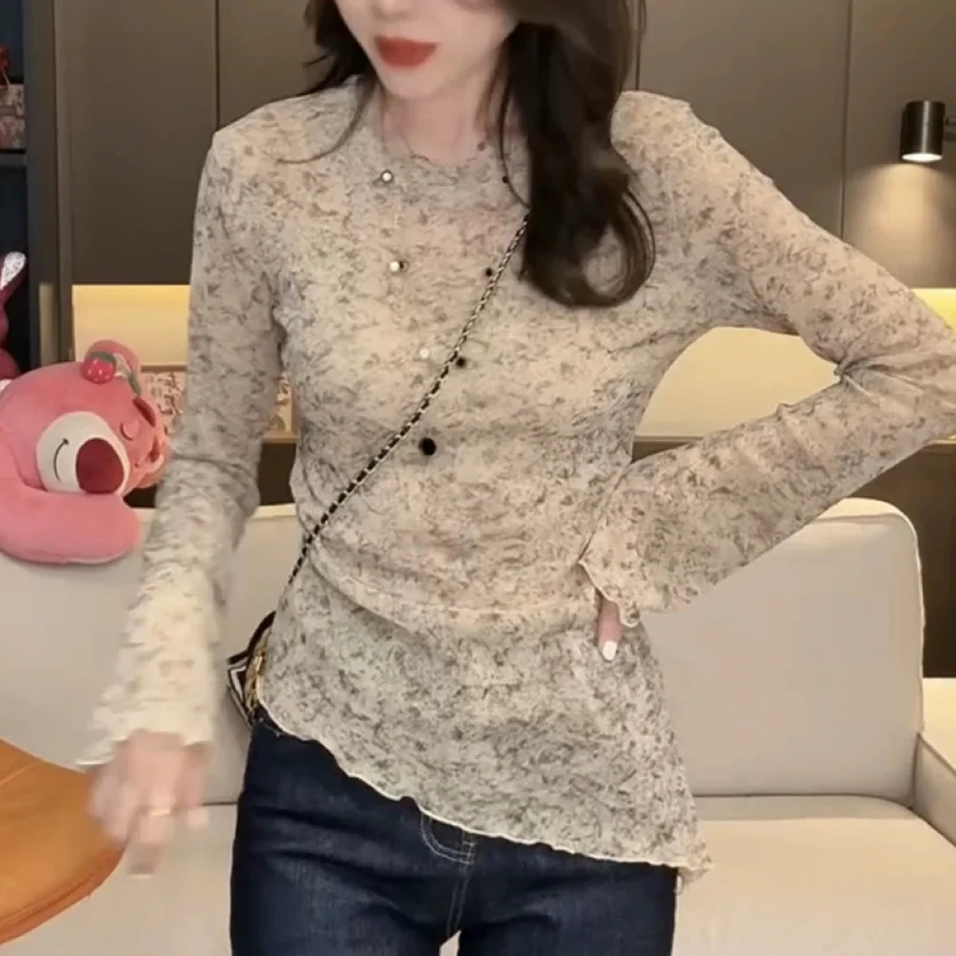 米莱jiaer/长袖微透晕染T恤打底衫女弹力不规则木耳边修身上衣