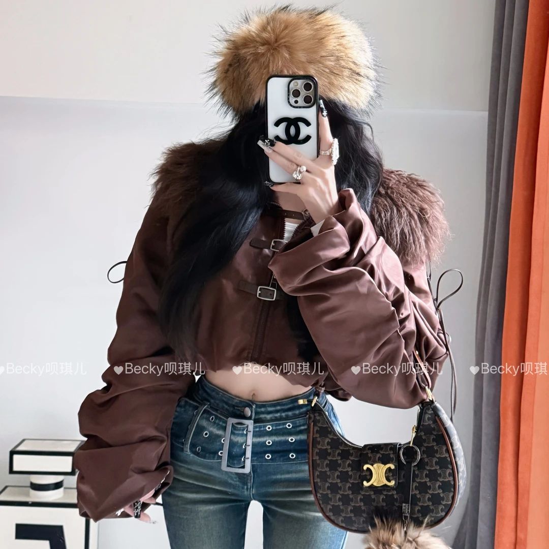 Velvet Bear ♕ 呗琪定制冬季抽绳防静电毛领落肩厚款时尚短外套