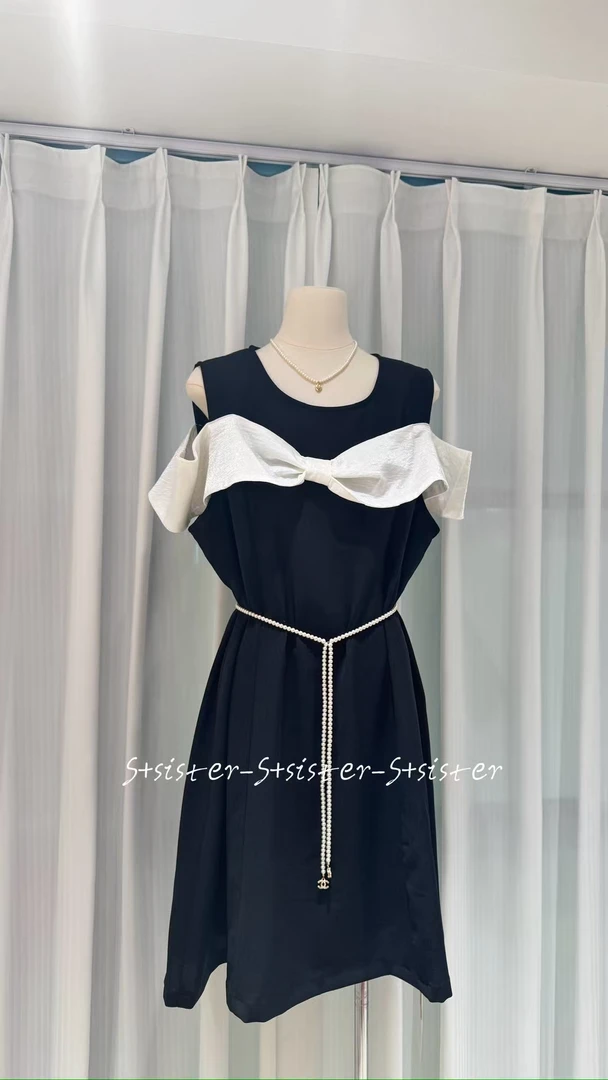 【s+】气质小香风蝴蝶结路肩连衣裙夏季大码#999设计师拼接显瘦时尚