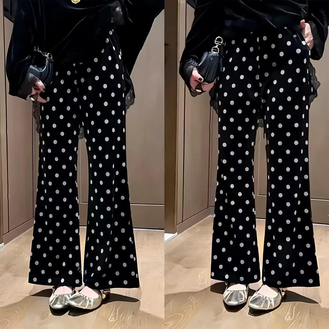 欧货加绒波点丝绒微喇叭裤女秋冬新款修身显瘦百搭洋气长裤休闲裤