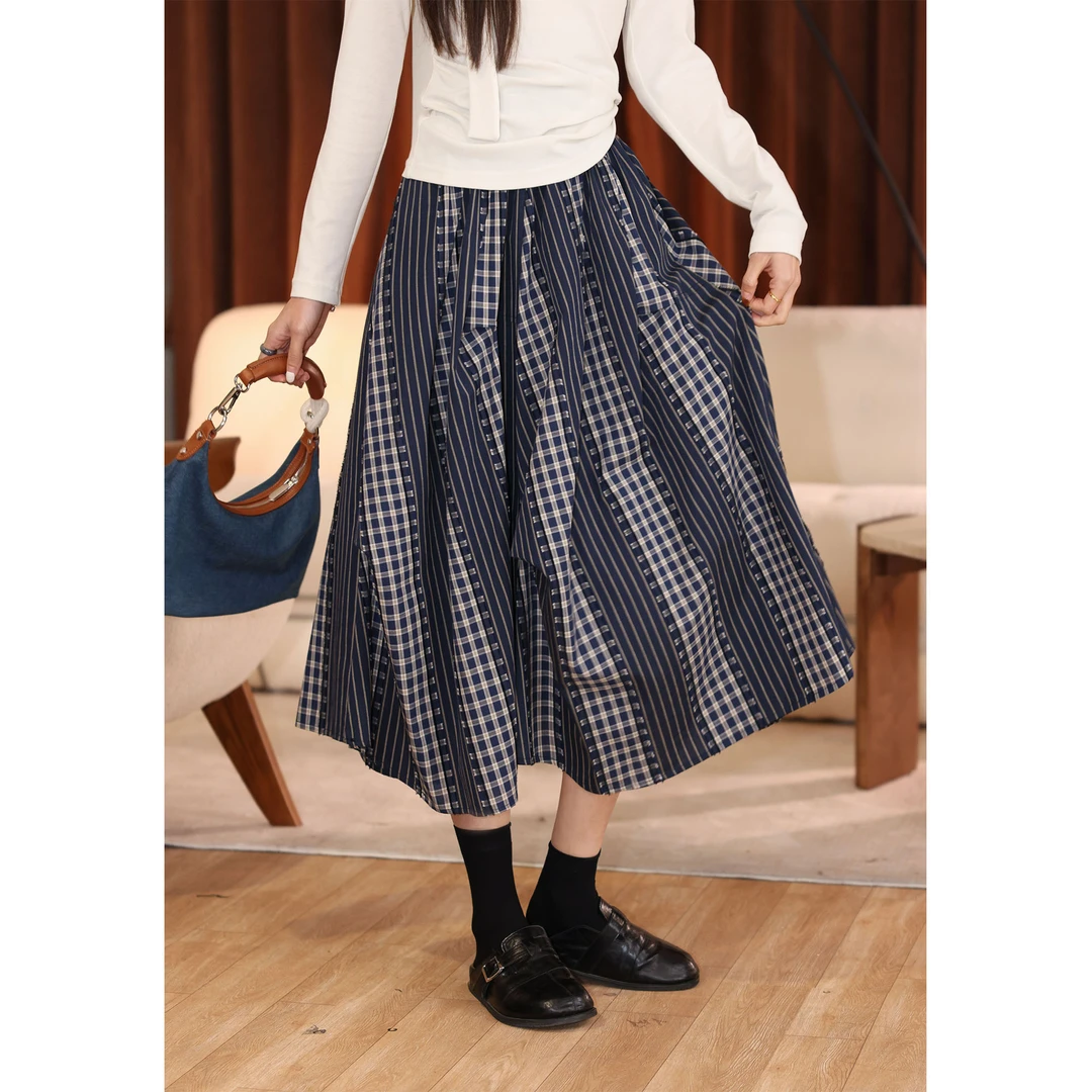 陈佳洁【神树】格纹高腰显瘦A字半身设计感女休闲百搭裙子JP1666067
