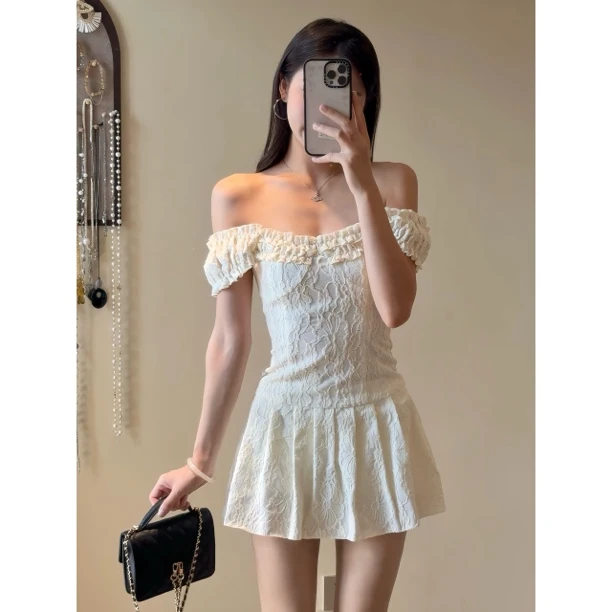 重工复合新款提花法式蕾丝木耳边超短A字裙连衣裙