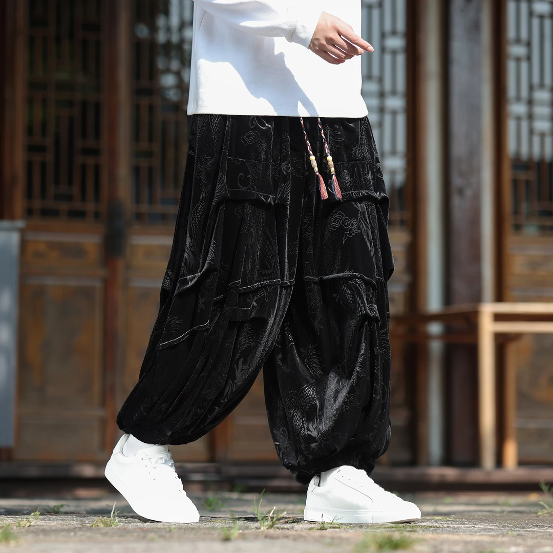 暗黑系褶皱设计感金丝绒裤子男秋冬季中国风宽松慵懒风阔腿哈伦裤