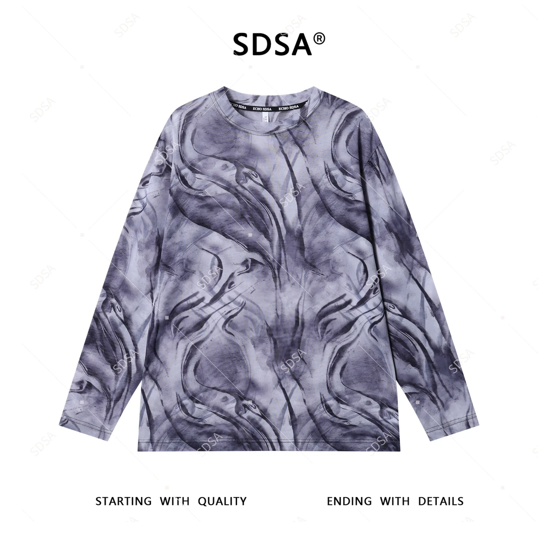 SDSA夏季新款男士痞帅美式凌乱线条设计圆领长袖T恤百搭时尚上衣