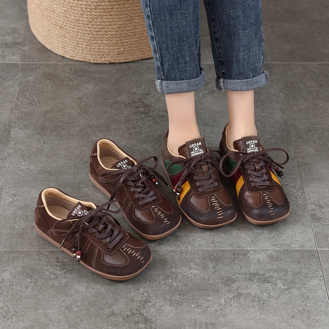 2025年秋季新款平底系带女式单鞋真皮复古休闲拼色深口女鞋四季鞋