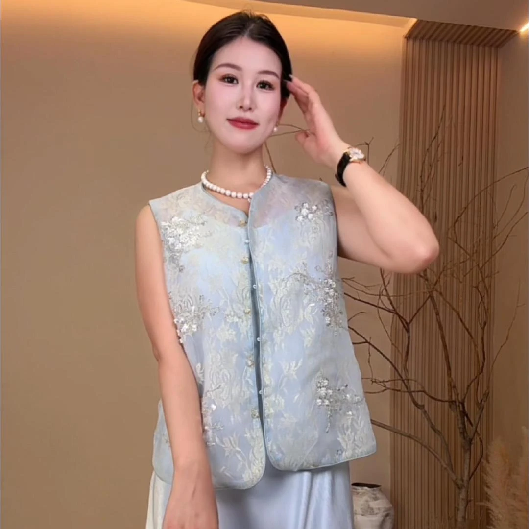 【限量5折特惠】马甲手工串珠亮片薄款上衣气质时尚夏季唐装