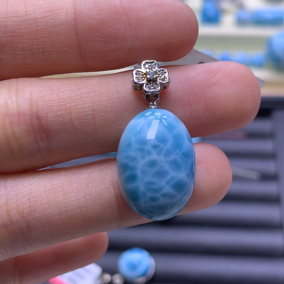 针钠钙石（海纹石）银S925镶嵌吊坠(不含链)蛋面吊坠色差略异