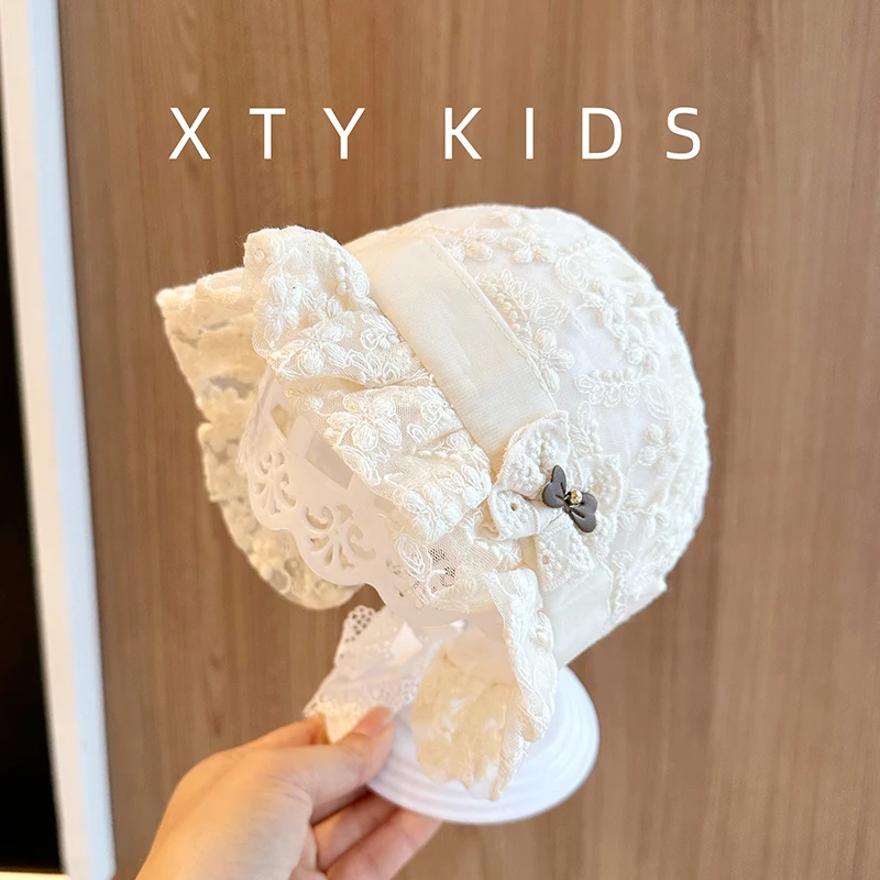 洋气遮阳帽夏季薄款公主蕾丝蝴蝶结小月龄百天防晒拍照婴儿帽子