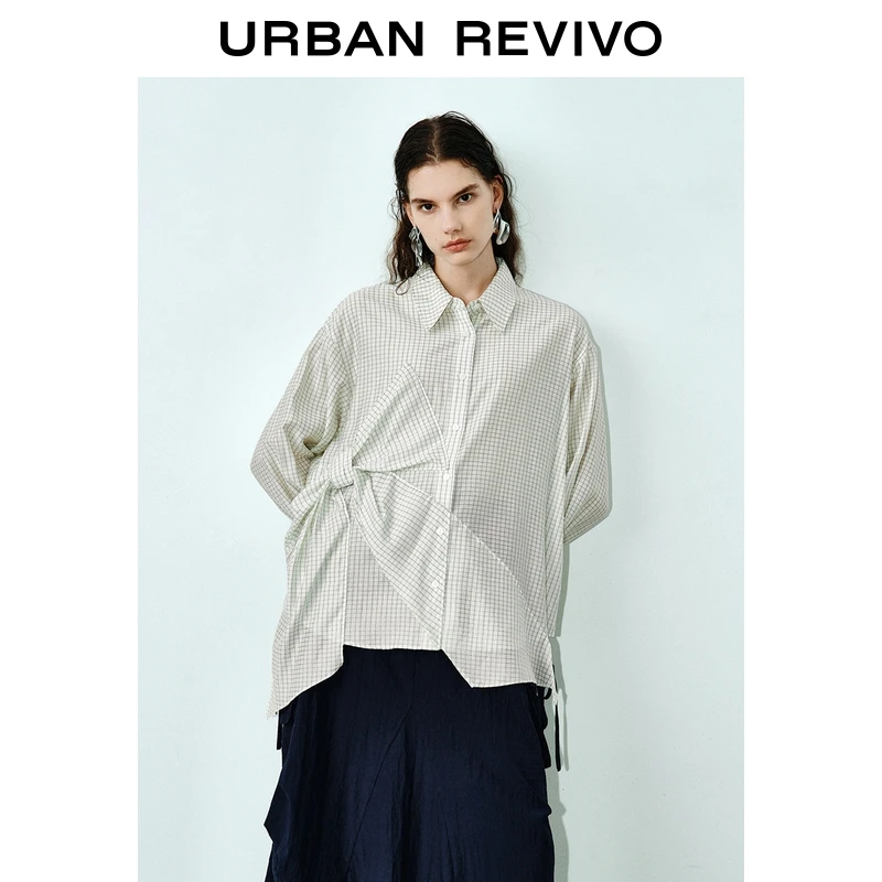 UR2026春季新款女装不规则设计感格纹长袖开襟衬衫UWJ250054