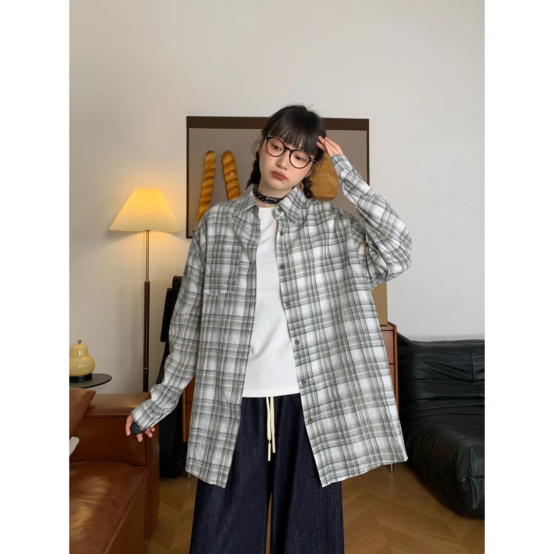 韩系复古polo翻领格纹长袖衬衫女夏季薄款叠穿慵懒风开衫外套上衣