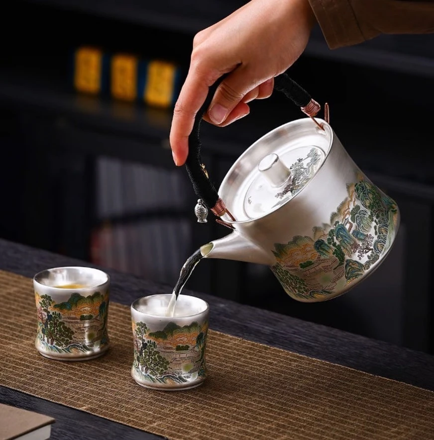 茗香瓷器 锦彩山谷提梁壶一壶两杯-6202