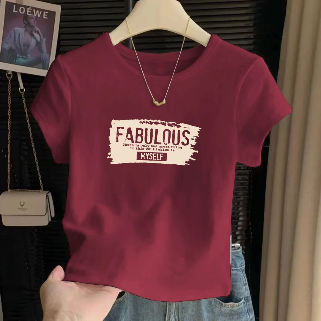 夏季圆领百搭休闲设计感2025新款T恤女纯棉半袖高腰短款大码上衣