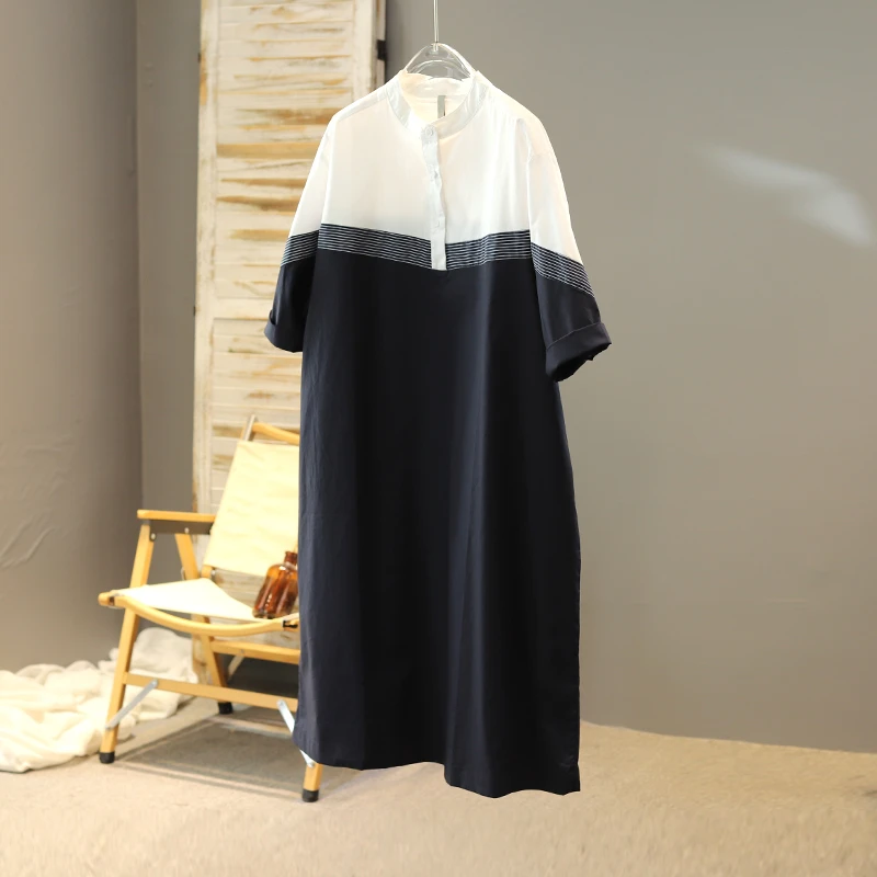 新款2025夏装通勤拼接日系半系扣棉料女遮肉百搭中长款连衣裙舒适