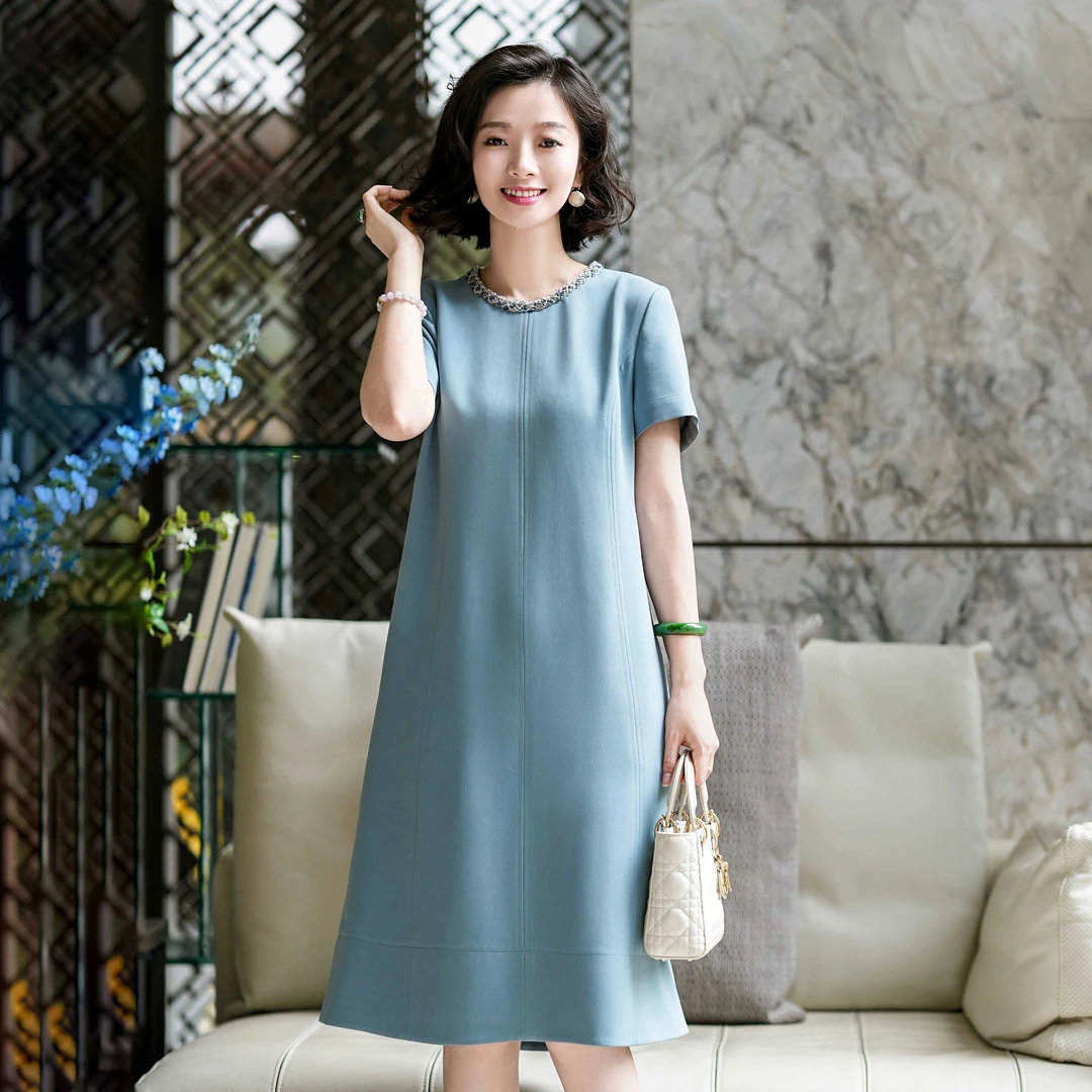 西子/【夏天的风】重磅醋酸圆领立裁宽松腰舒适短袖连衣裙/CQZY110