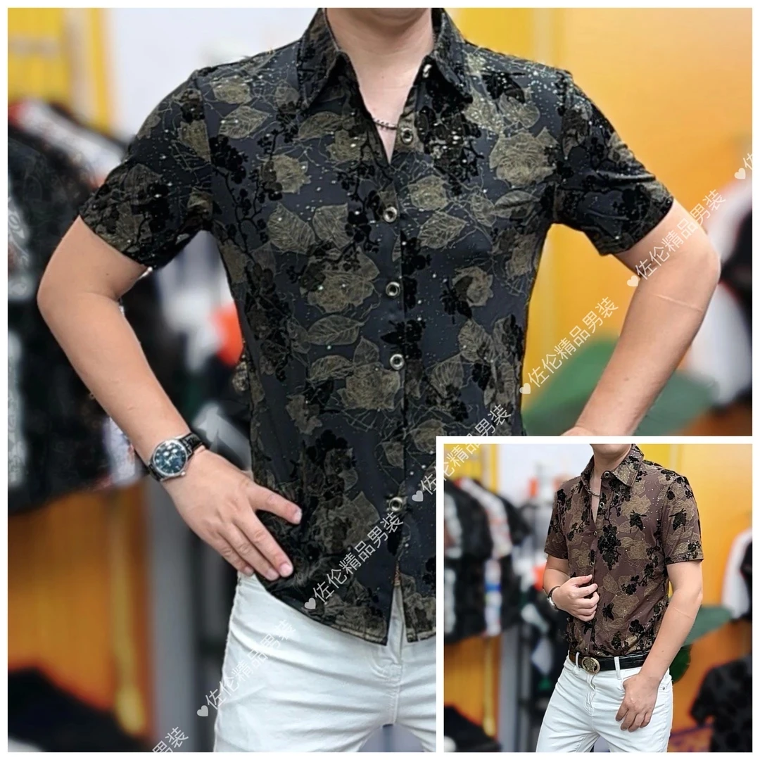25009夏季新款时尚男士冰丝修身潮流衬衫
