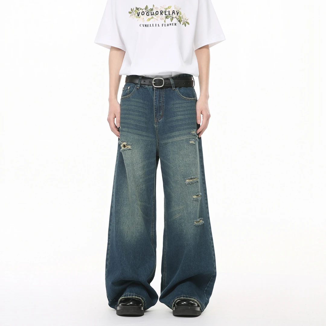 Voguo Relay新品阔腿破洞牛仔裤韩版复古水洗蓝猫须牛仔直筒长裤