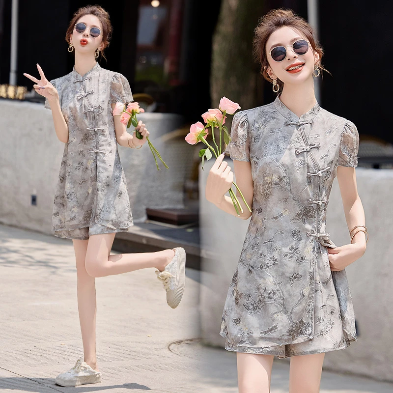 新中式国风改良旗袍女装短裤两件套装夏款气质漂亮减龄灰色一整套