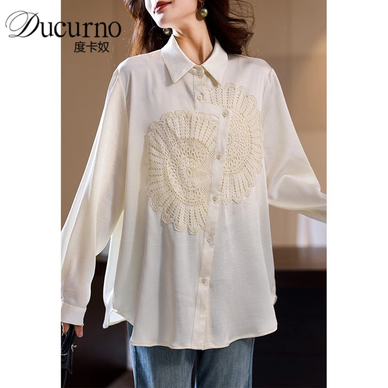 时尚蕾丝拼接雪纺衬衫女早秋气质大码衬衣2025年新款休闲韩版上衣