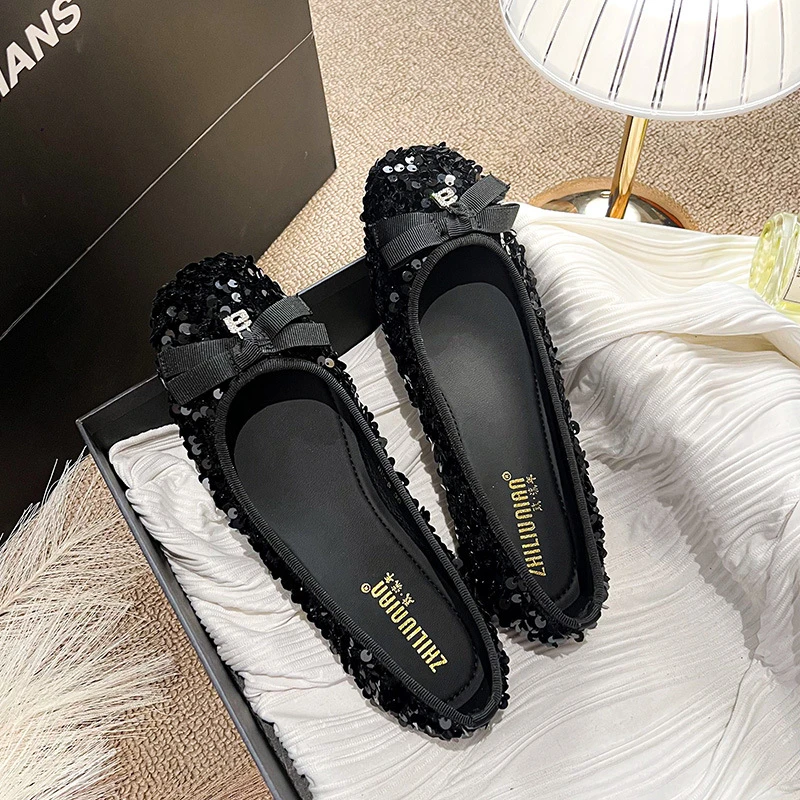 HF-8蝴蝶结平底单鞋女2024春秋新款法式方头浅口软底一脚蹬奶奶潮