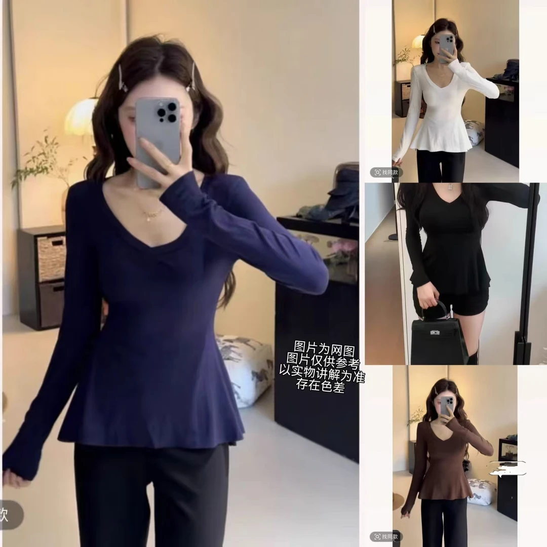 2025秋季新款大码女装纯欲风辣妹V领打底上衣