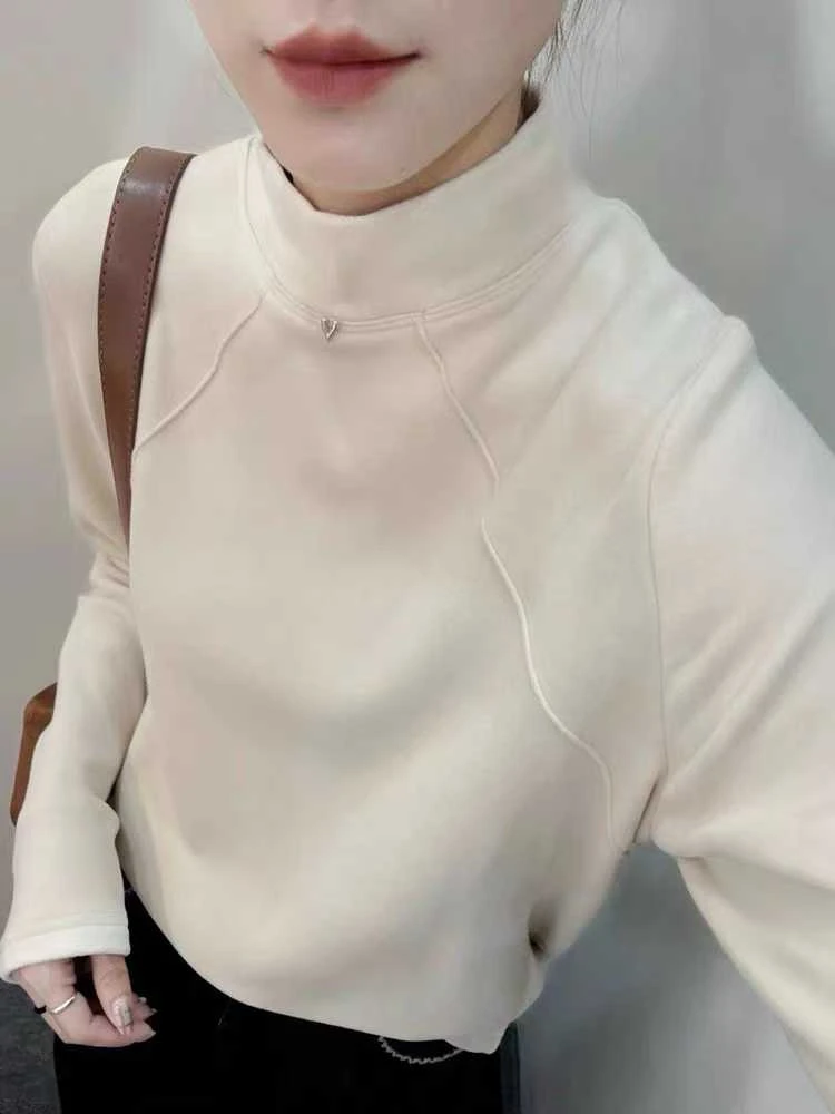 【静姐家】9579韩国羊绒+加绒中领百搭宽松女打底长袖T恤