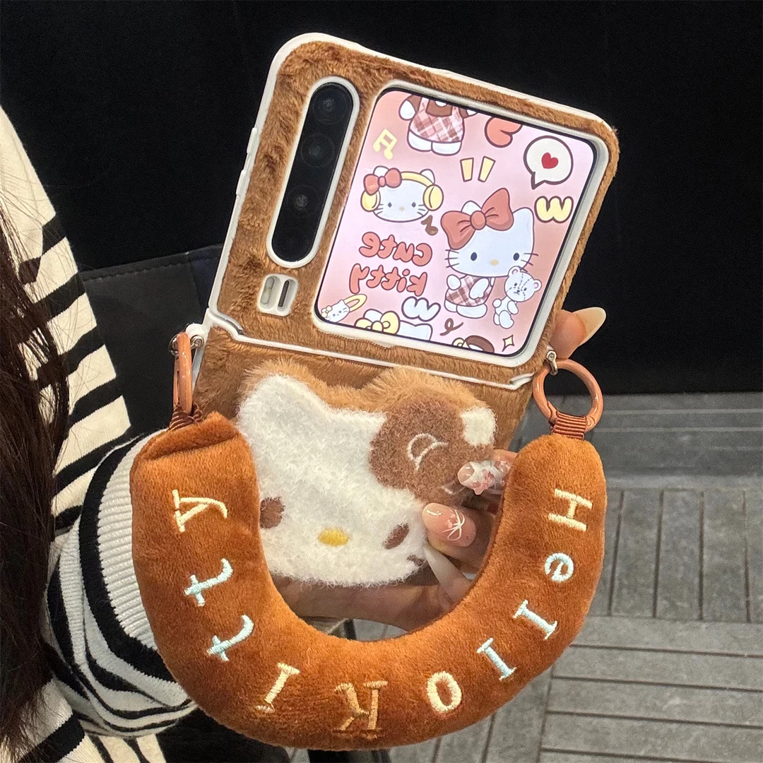 适用华为purax典藏版折叠屏手机壳pocket2浅棕色毛绒kt猫字母手绳