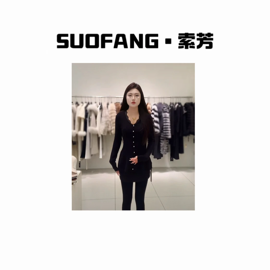 新品上市.法式V领蕾丝拼接长袖针织上衣A602