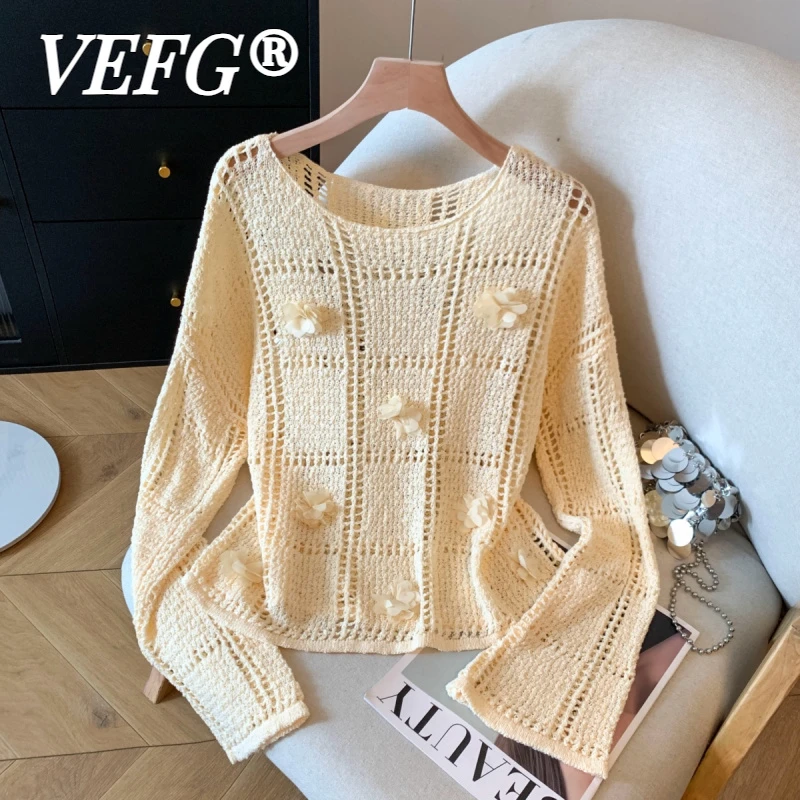 VEFG黄色时尚百搭镂空针织衫女秋季花朵透气防晒性感罩衫好看上衣