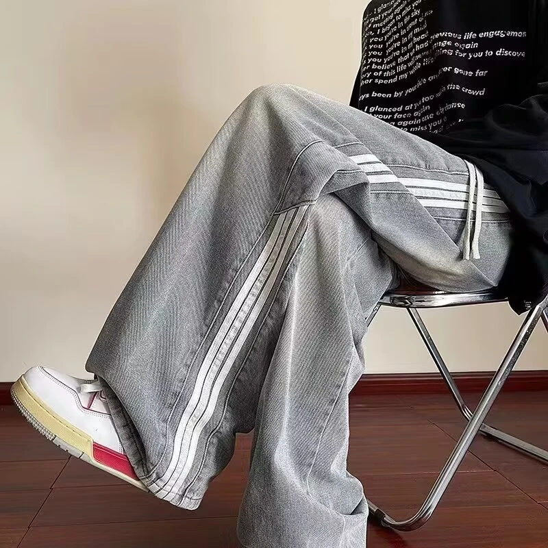 hiphop牛仔裤男生2025春秋大码垂坠松紧腰青少年直筒宽松休闲裤