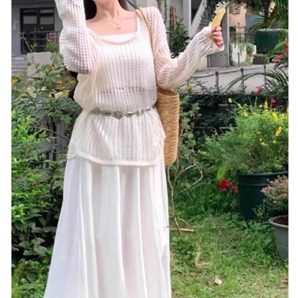 （吃饱饱）波西米亚风纯欲长袖镂空罩衫吊带高腰半身裙韩系套装1719