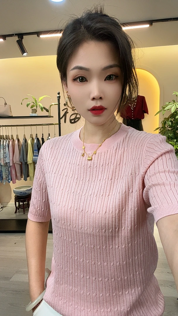 气质女士圆领麻花短袖休闲百搭夏季针织衫套头5012