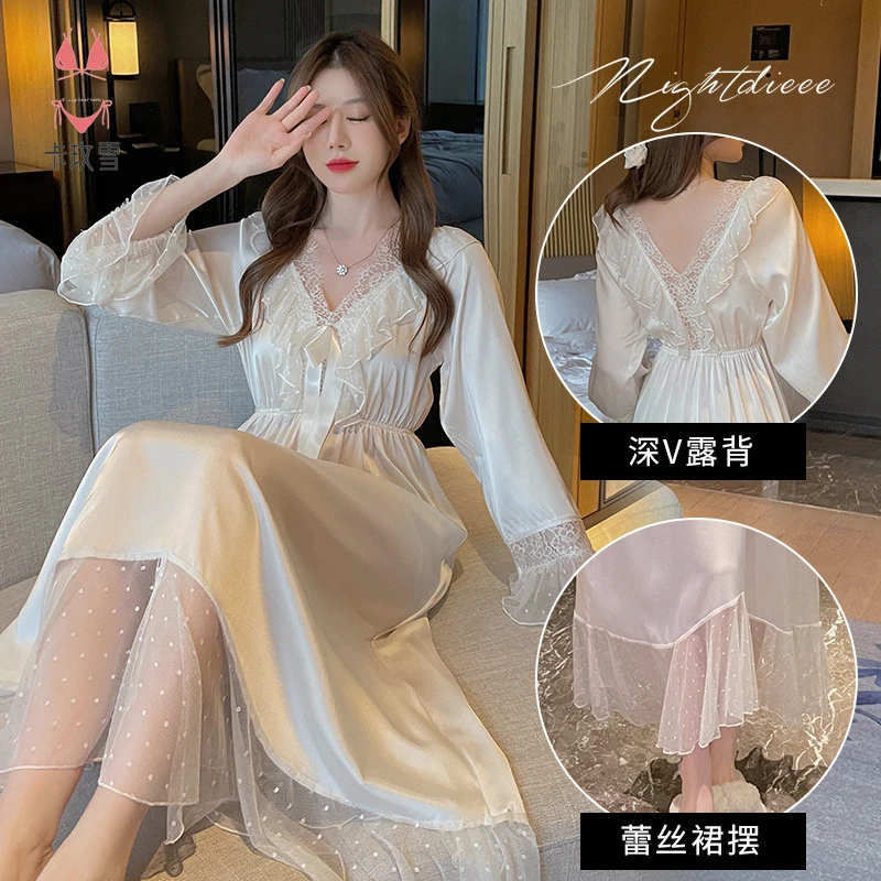 【娶玥羞羞】缎面性感露背睡裙蕾丝荷叶边日系甜美女家居服长裙长款