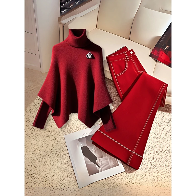 秋冬时尚套装跨年圣诞穿搭红色假两件针织衫多巴胺休闲裤两件套女