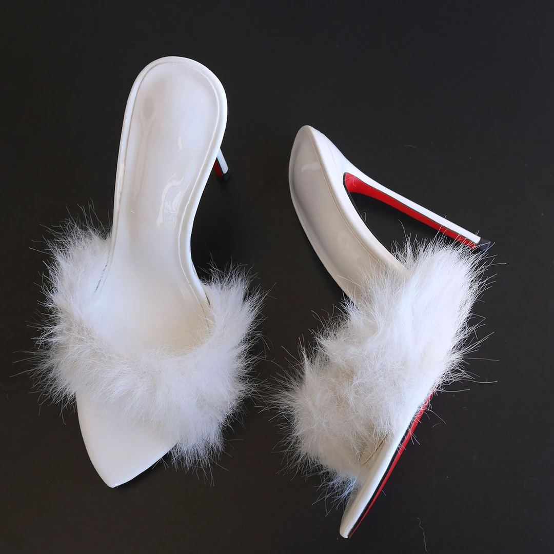 白色兔毛毛超高跟拖鞋红底法式性感细高跟气质时尚大码变装CD13CM