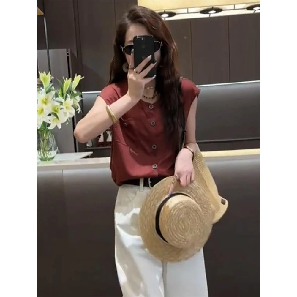 红色口袋抽绳工装背心古着小众设计感显瘦无袖上衣女夏季