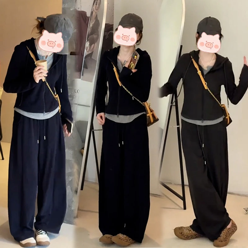 大方得体穿搭一整套韩版连帽双拉链上衣长袖搭配显瘦休闲裤两件套