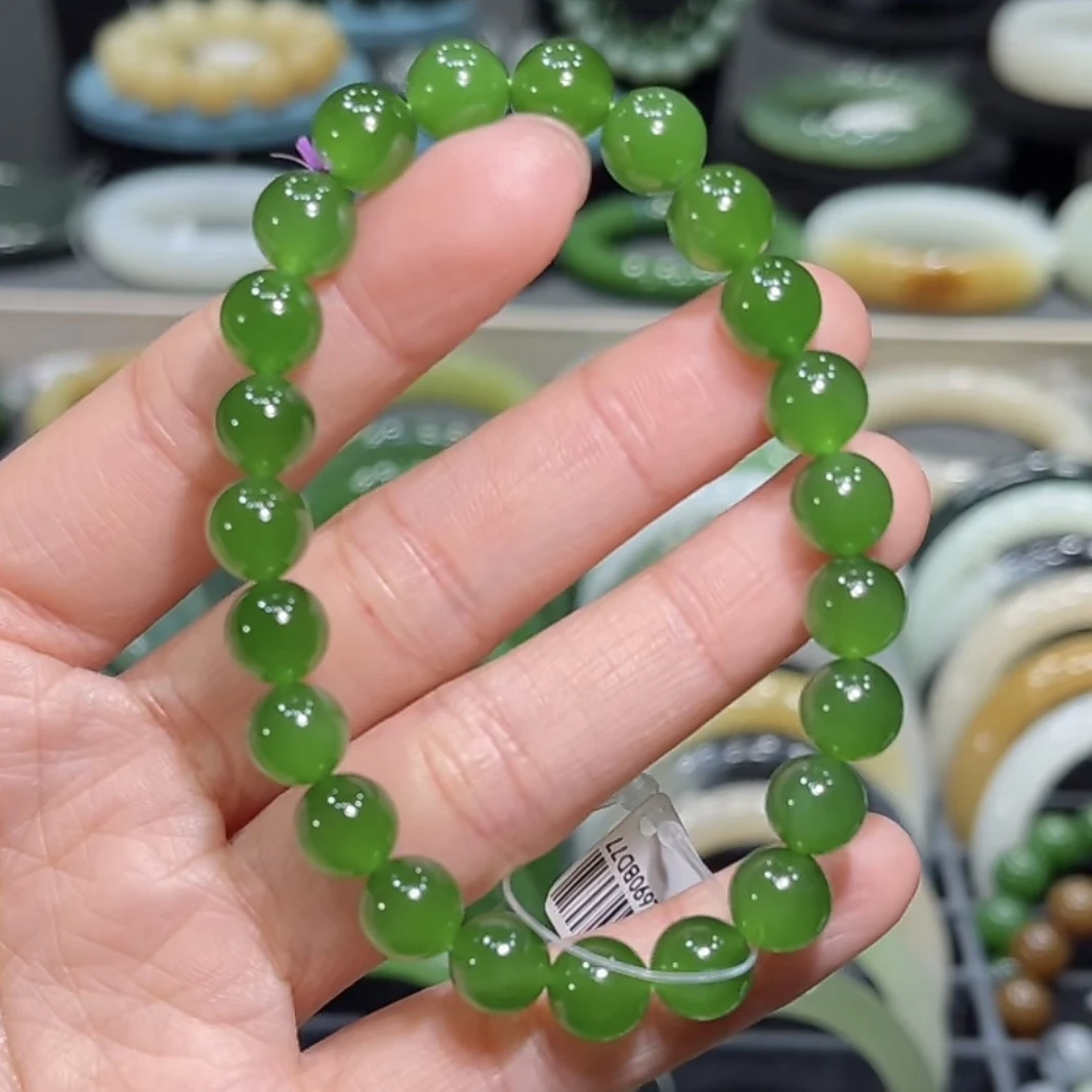 和田玉俄料碧玉冰底阳绿手串8mm