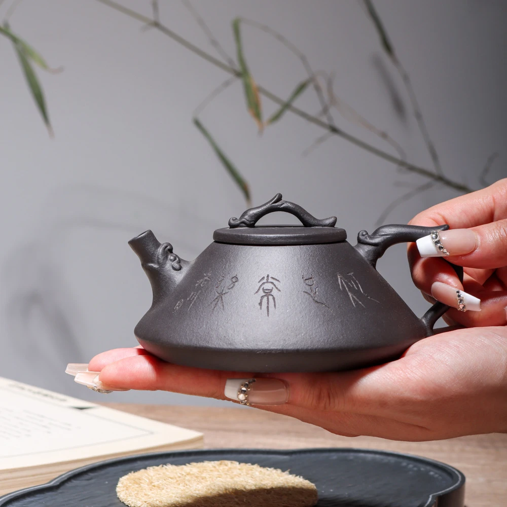 宜兴姜礼明紫砂壶黑金砂扁龙石瓢茶壶家用手制泡茶具礼品