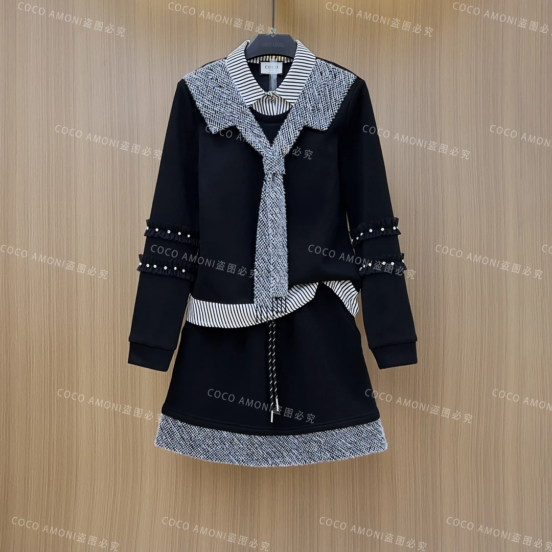 新款时尚设计感秋冬季女装拼接重工蝴蝶结显瘦气质套装LDD085