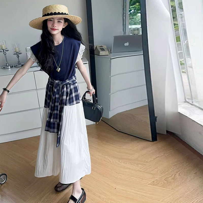 女童连衣裙气质高腰时尚夏季假两件拼接设计感裙子