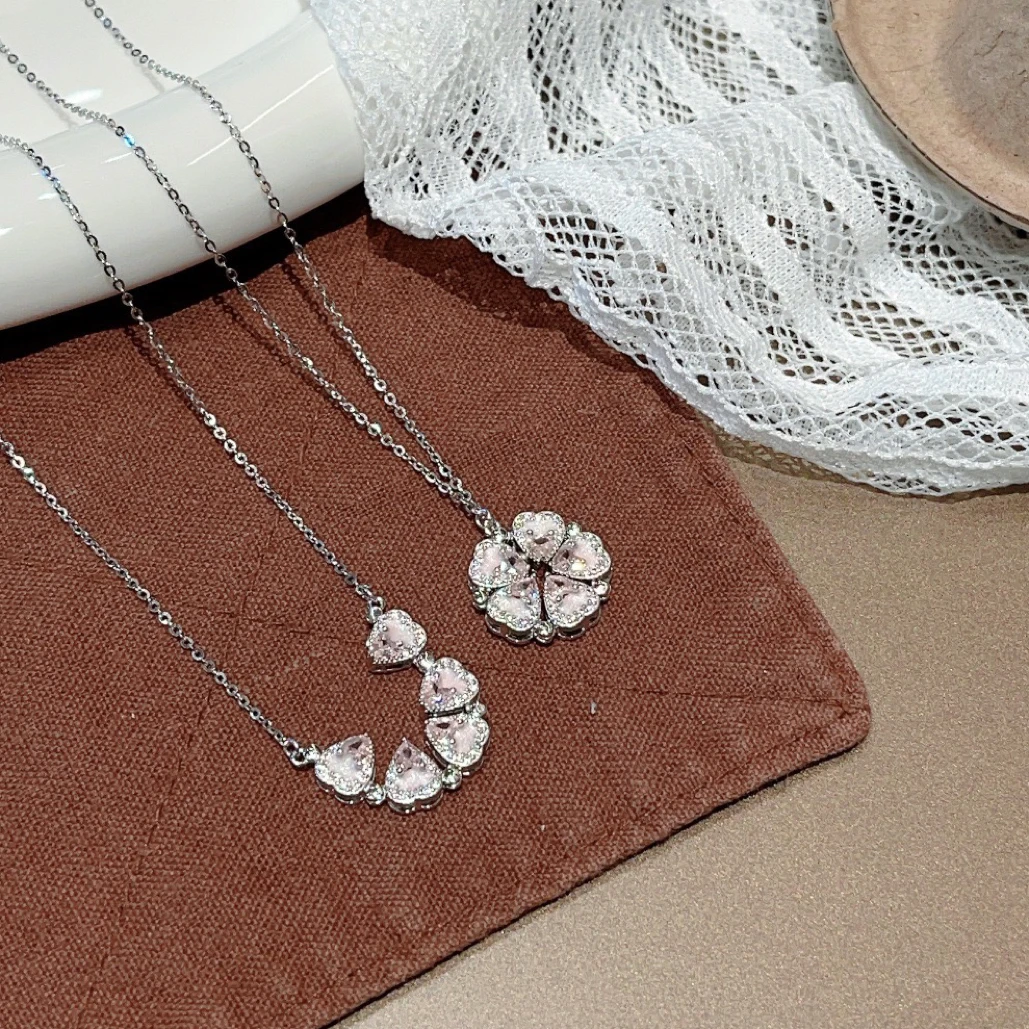 坠链均925银锆石 纯银桃你喜欢 粉心 一秒心动项链 时尚潮品银饰